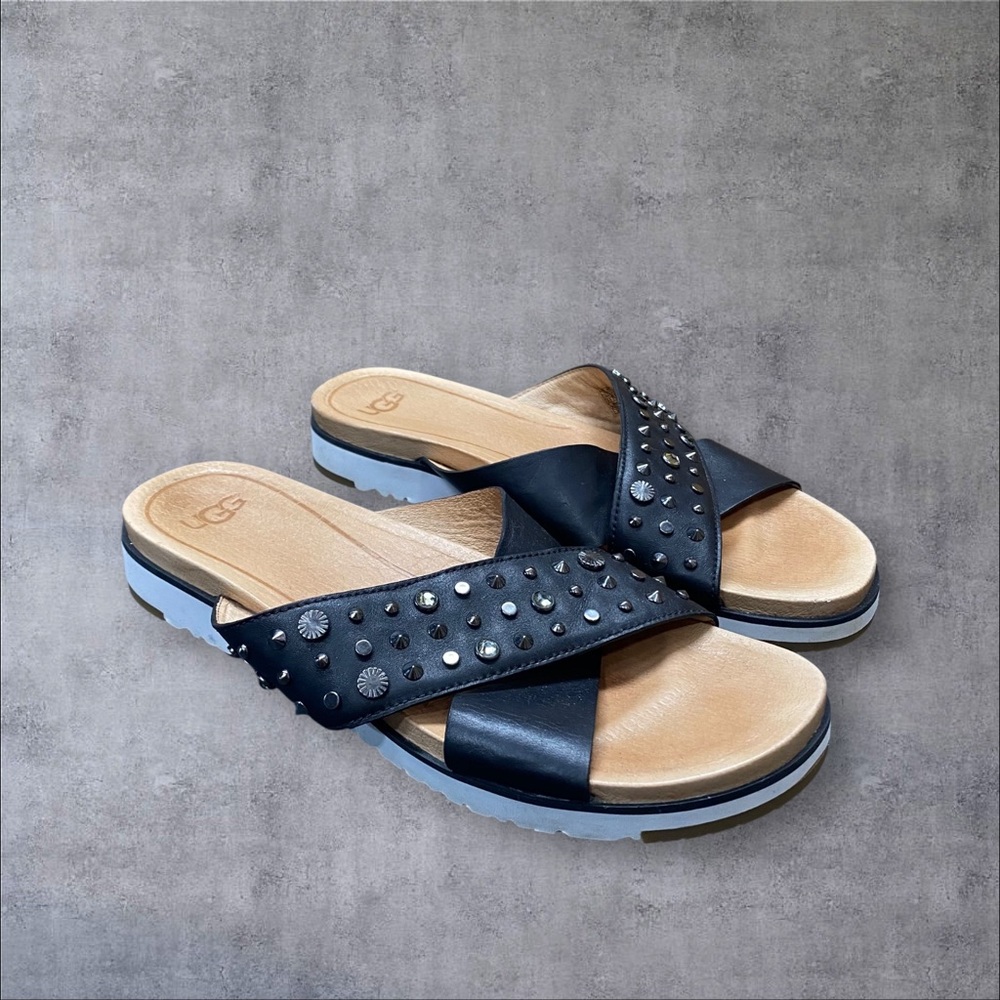 UGG Kari Studded Bling Crystal Black Leather Sandals Size 9.5